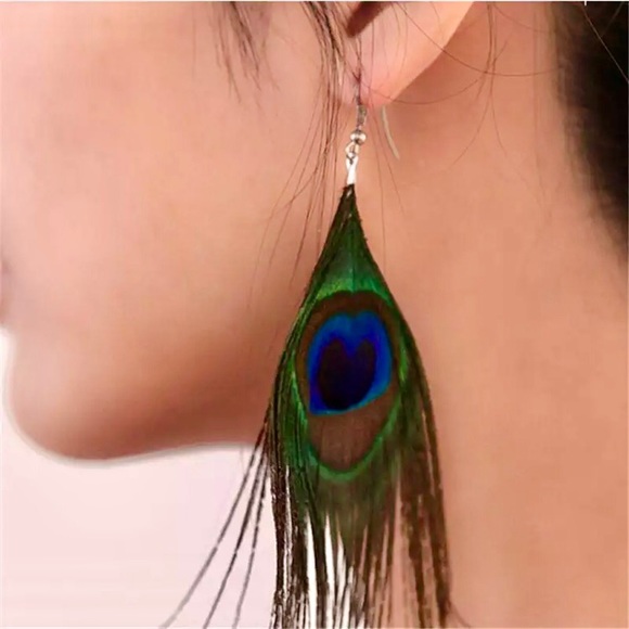 “Showtime” Peacock Bird Feather Statement Earrings - Picture 9 of 12